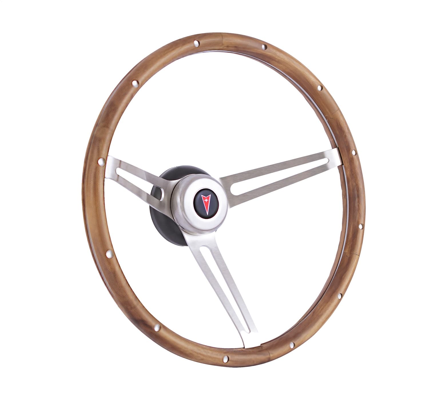 Classic Series Nostalgia Steering Wheel; 15 in. Diameter; Genuine Walnut Finish; Brushed Stainless Steel 3-Spoke Design; For Use With Pontiac; product image