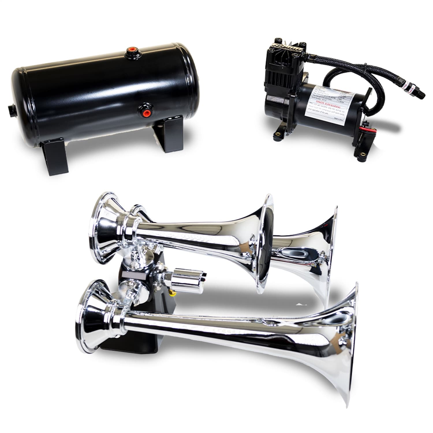 Pro Blasterâ„¢ Triple Horn Kit; Chrome; Includes Horns PN[500]/ 150 PSI Air Compressor PN[6275RC]/ 1.5 Gallon Air Tank PN[6275RT]; product image