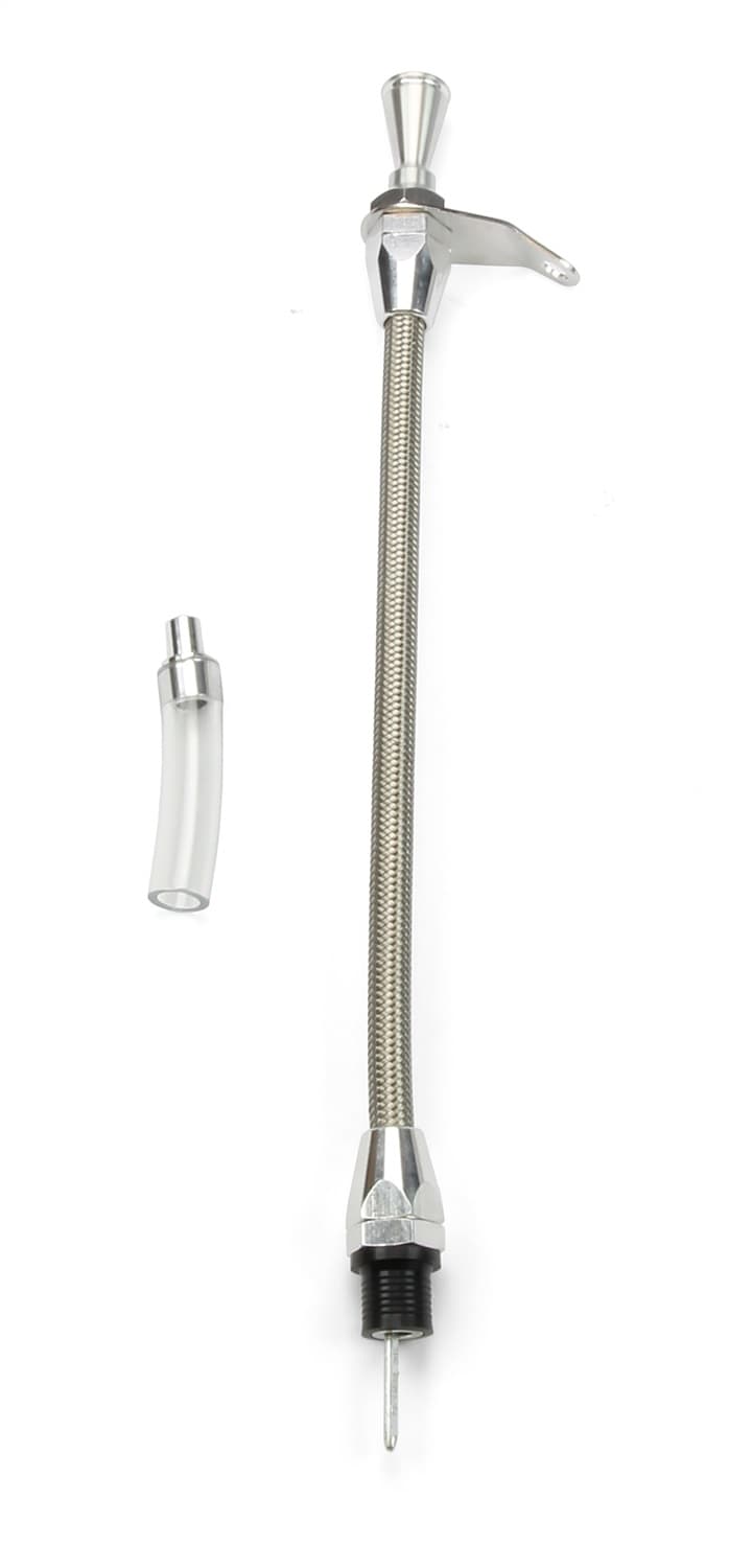Hi-Tech Flexible Braided Transmission Dipstick; Transmount; Incl. Flexible Inner Dipstick/Funnel Adapter/Braided Stainless Outer Housing; Stainless Steel Finish; product image