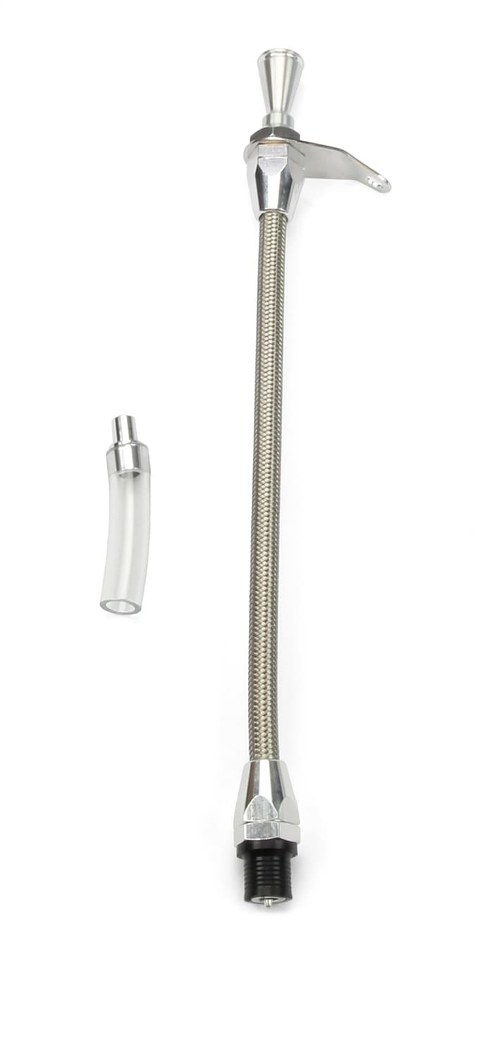 Hi-Tech Flexible Braided Transmission Dipstick; Transmount; Incl. Flexible Inner Dipstick/Funnel Adapter/Braided Stainless Outer Housing; Stainless Steel Finish; product image