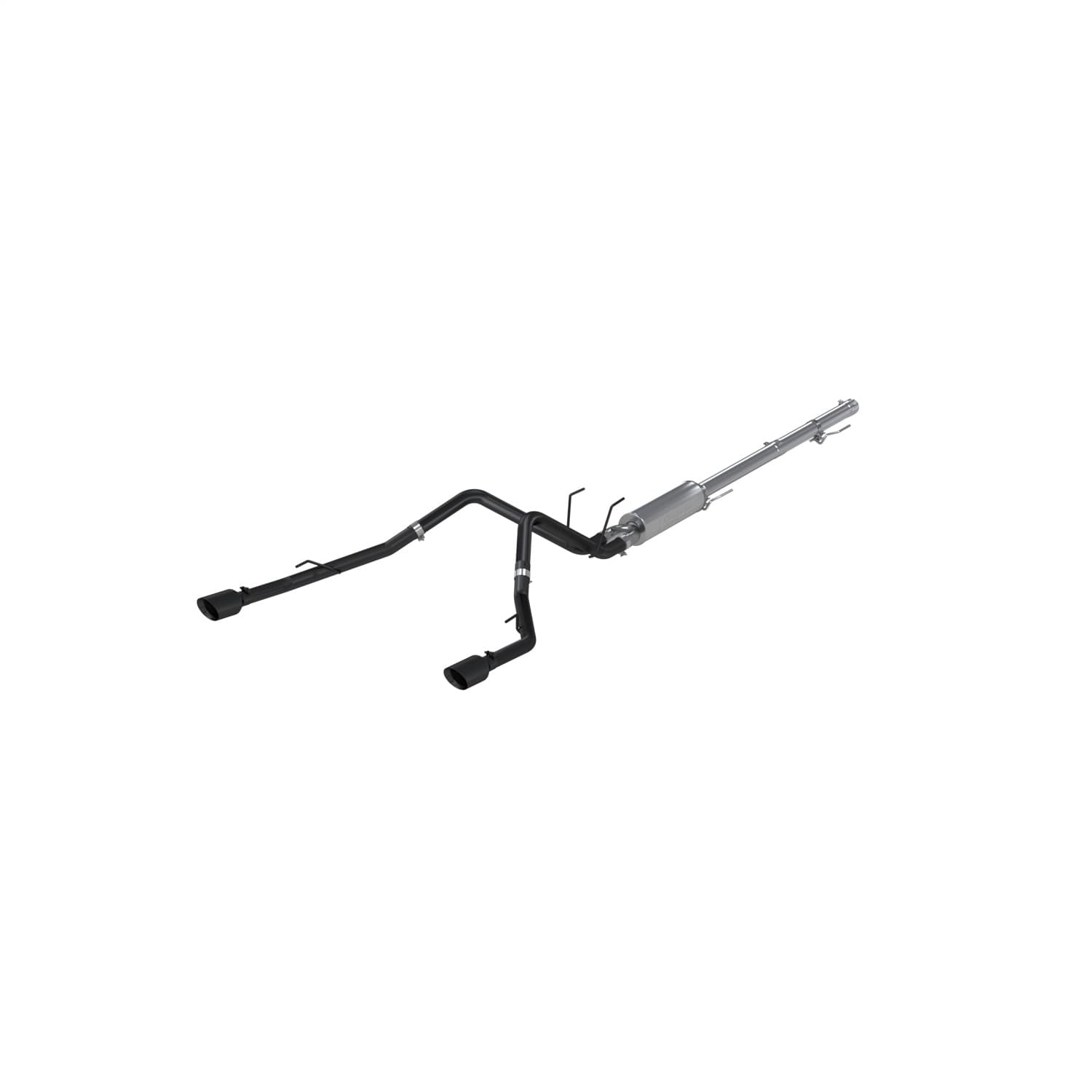 Armor BLK Cat Back Exhaust System; 2.5 in.; Incl. Front Pipe/Ext. Pipe/Muffler/Over Axle Pipes/Tailpipe/Hardware/4.5 in. OD Tips; Dual Split Rear Exit Thru Bumper; Black Coated; product image