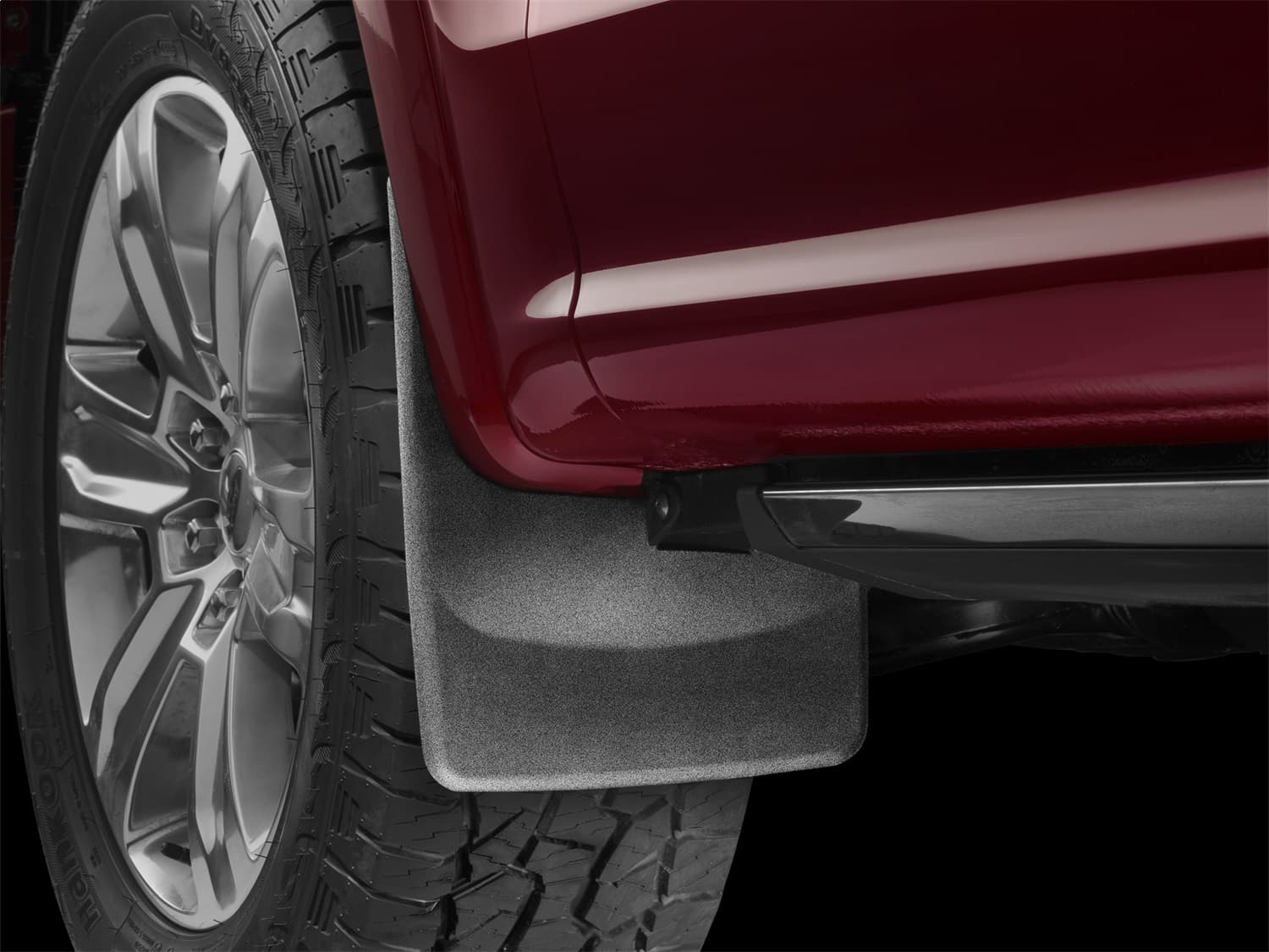 Ford F150 No Drill Black Mudflaps. Fits models with fender lip molding; running boards or sidesteps positioned less that 2" from the front wheel may interfere with fitment product image