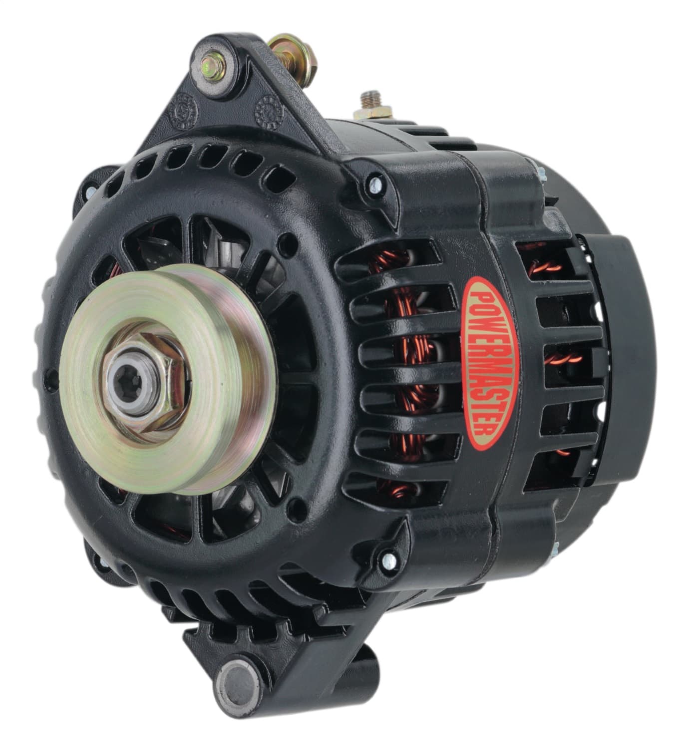 Power Master Racing Alternator; GM AD230; 165 Amp; 1 Groove V Type Pulley; 6.61 in. Straight Mount; Side Battery Post; Black Finish;