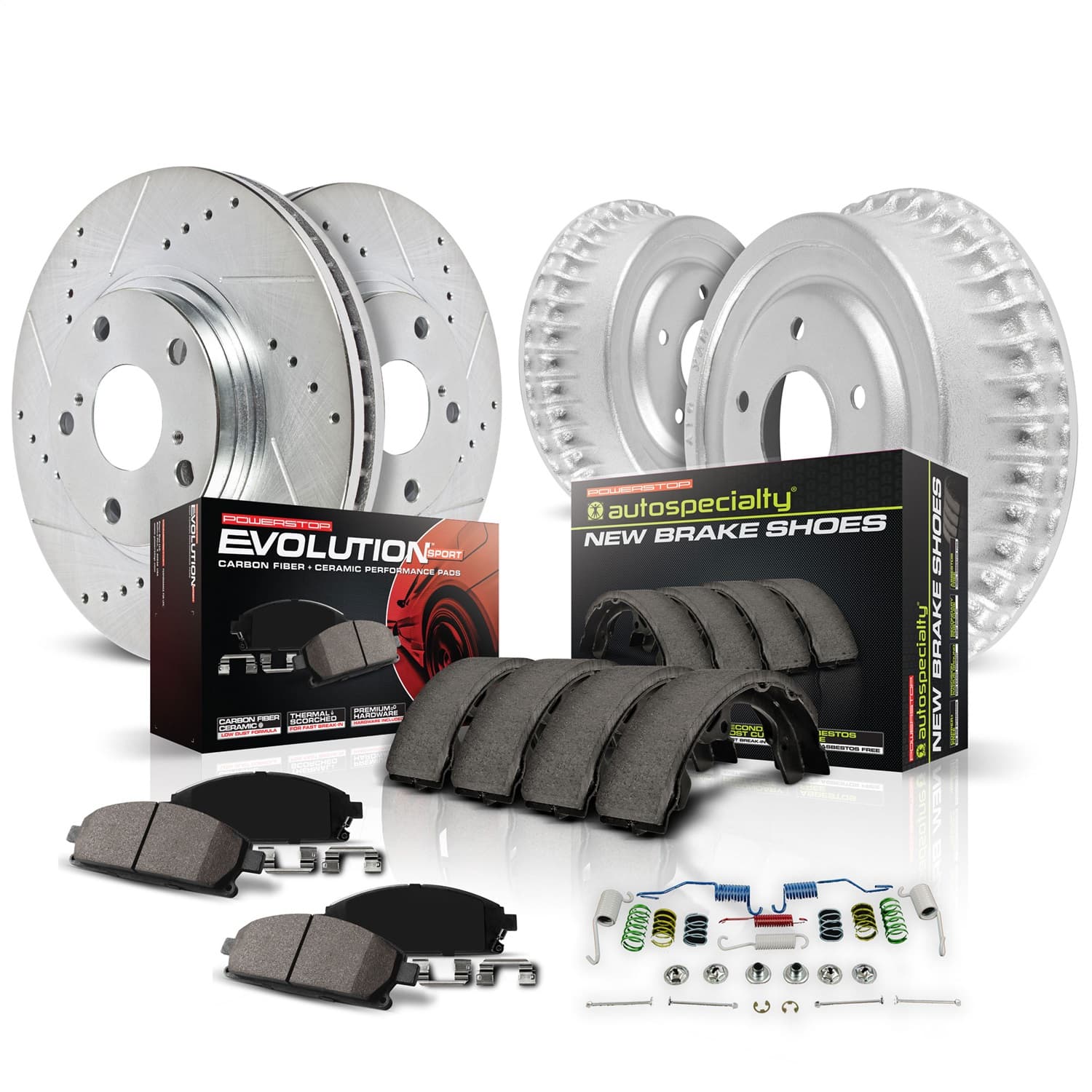 PowerStop Z23 EVOLUTION SPORT UPGRADE KIT: DRILLED/SLOTTED ROTORS; CARBON-FIBER CERAMIC PADS W/HARDWARE; COATED DRUMS; SHOES W/HOLD DOWN AND ADJUSTER KIT