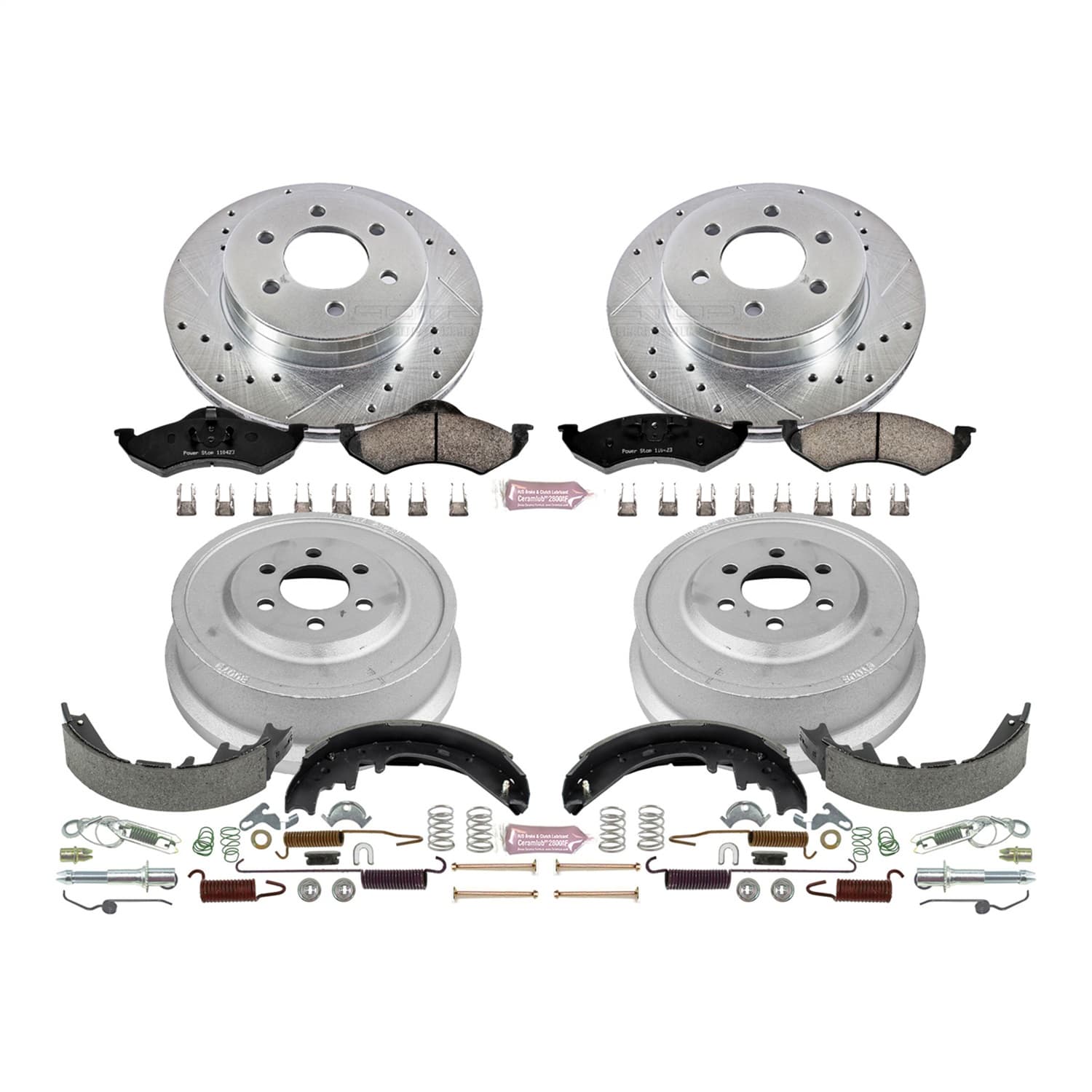 Z23 EVOLUTION SPORT UPGRADE KIT: DRILLED/SLOTTED ROTORS; CARBON-FIBER CERAMIC PADS W/HARDWARE; COATED DRUMS; SHOES W/HOLD DOWN AND ADJUSTER KIT product image