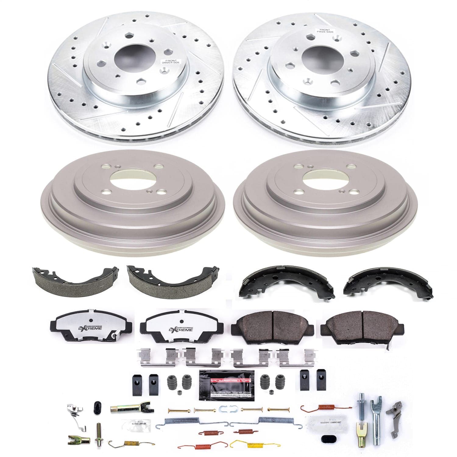 Z26 STREET WARRIOR UPGRADE KIT: DRILLED/SLOTTED ROTORS; CARBON-FIBER CERAMIC PADS W/HARDWARE; COATED DRUMS; SHOES W/HOLD DOWN AND ADJUSTER KIT product image
