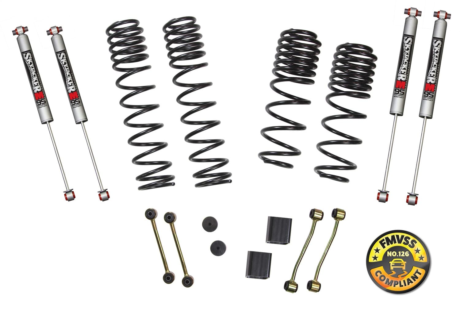 Suspension Lift Kit w/Shock 2-2.5 Inch Lift 18-19 Jeep Wrangler W/Ft. And R. Dual Rate/Long Travel Series Coil Springs Extended Sway Bar End Links M95 Monotube Shocks Skyjacker product image