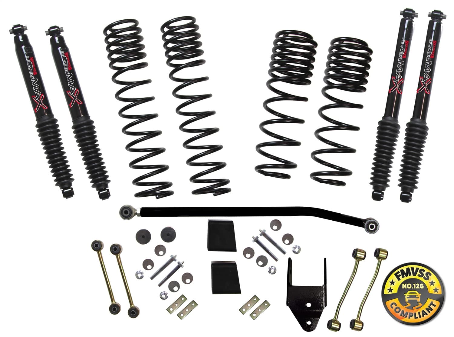 Suspension Lift Kit w/Shock 3.5-4 Inch Lift 18-19 Jeep Wrangler Unlimited Rubicon Incl. Frt./Rear Dual Rate/Long Travel Series Coil Springs Extended Sway Bar End Links Grade 8 Mounting Hdwr Black MAX Shocks Skyjacker product image