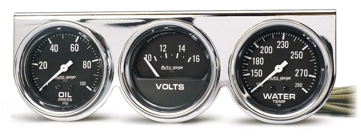 Autometer 2399 Gauge Console, Oilp/Wtmp/Volt, 2 5/8, 100psi/280?f/16v, Blk Dial, Chrme Bzl, ag