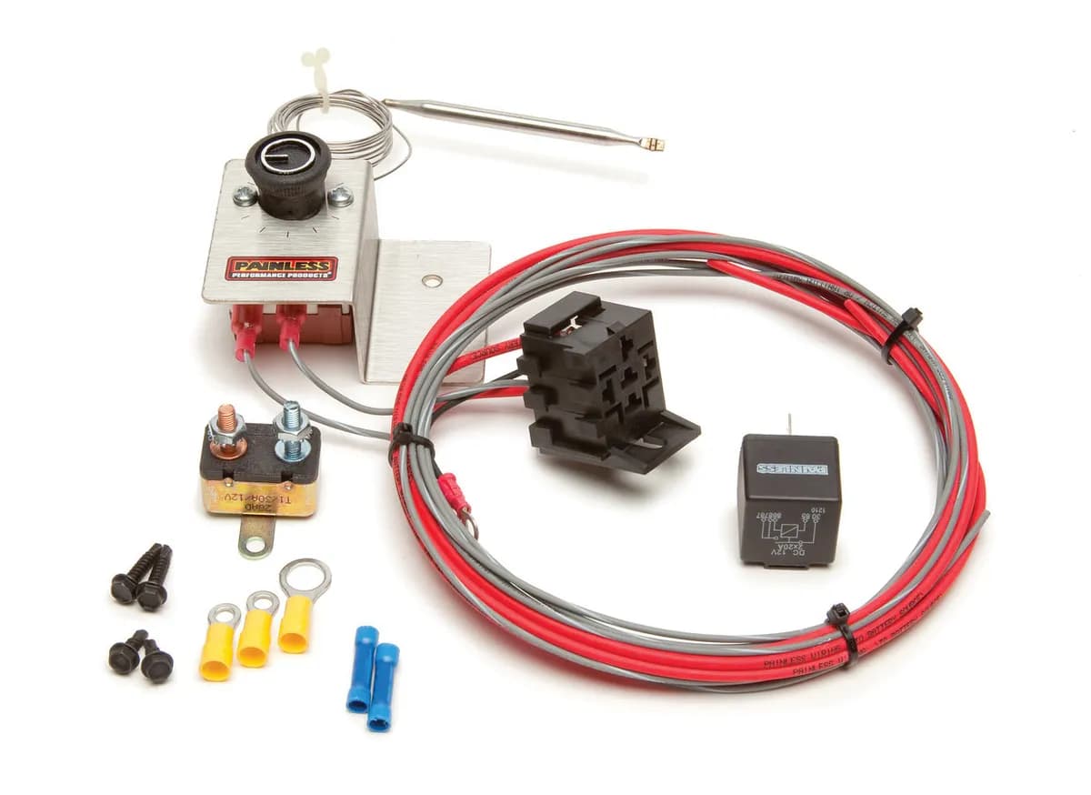 Adjustable Electric Fan Thermostat Kit; Incl. Thermostat; Bracket; 30 amp Relay; 30 Amp Circuit Breaker; Wiring; Terminals; Hardware;