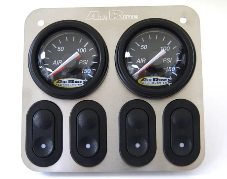 Bigred Analog 4 Way Air Suspension Control System W/ 5 Gallon Tank 2 Air Compressors 5 Gallon Tank Bigred Electric Valve 3/8 Inch Airline Fittings And A Control Panel W/ 4 Electric Switches And 2 Dual Needle Gauges Ridetech
