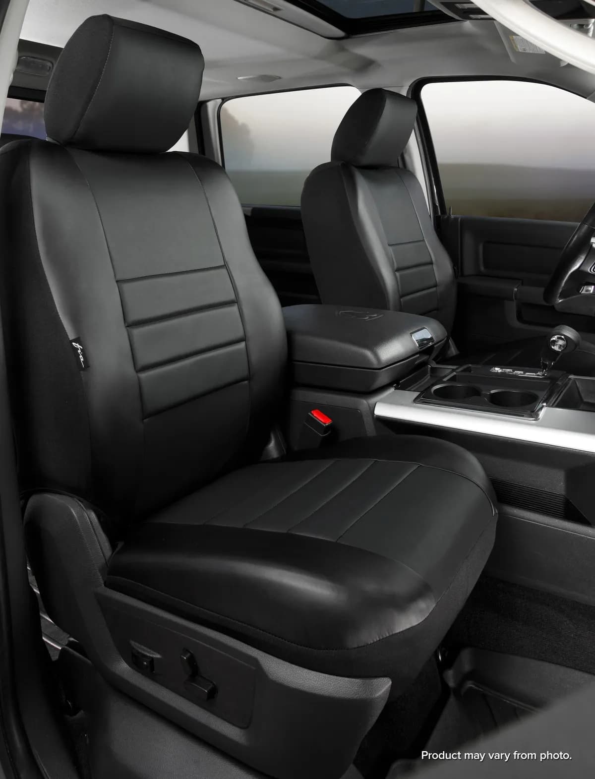 LeatherLite™ Custom Seat Cover; Leatherette; Solid Black; Bucket Seats; Adjustable Headrests; Airbag; Fold Flat Backrest On Passenger Side; Incl. Head Rest Cover;