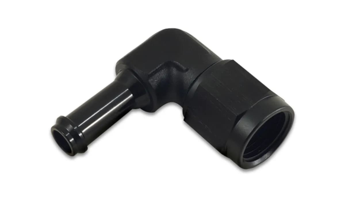 90 Degree AN to Hose Barb Adapter Fitting; -8AN; 0.5 in. Barb Size; 6061 Aluminum; Black Anodized; Female;