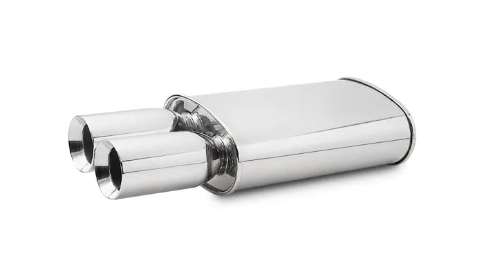 STREETPOWER Oval Muffler; Dual 3.5 in. Round Bevelled Tip; 2.5 in. Inlet ID; 8 in. L-Tip; 5 in. H; 9 in. W; 15 in. Body L; 23 in. Overall L; 3.5 in. OD; 3.75 in. Center To Center;