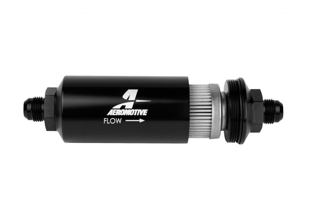 Aeromotive Fuel System FILTER INLINE 100M STAINLESS MESH ELEMENT AN08 MALE BRIGHTDIP BLACK 2IN