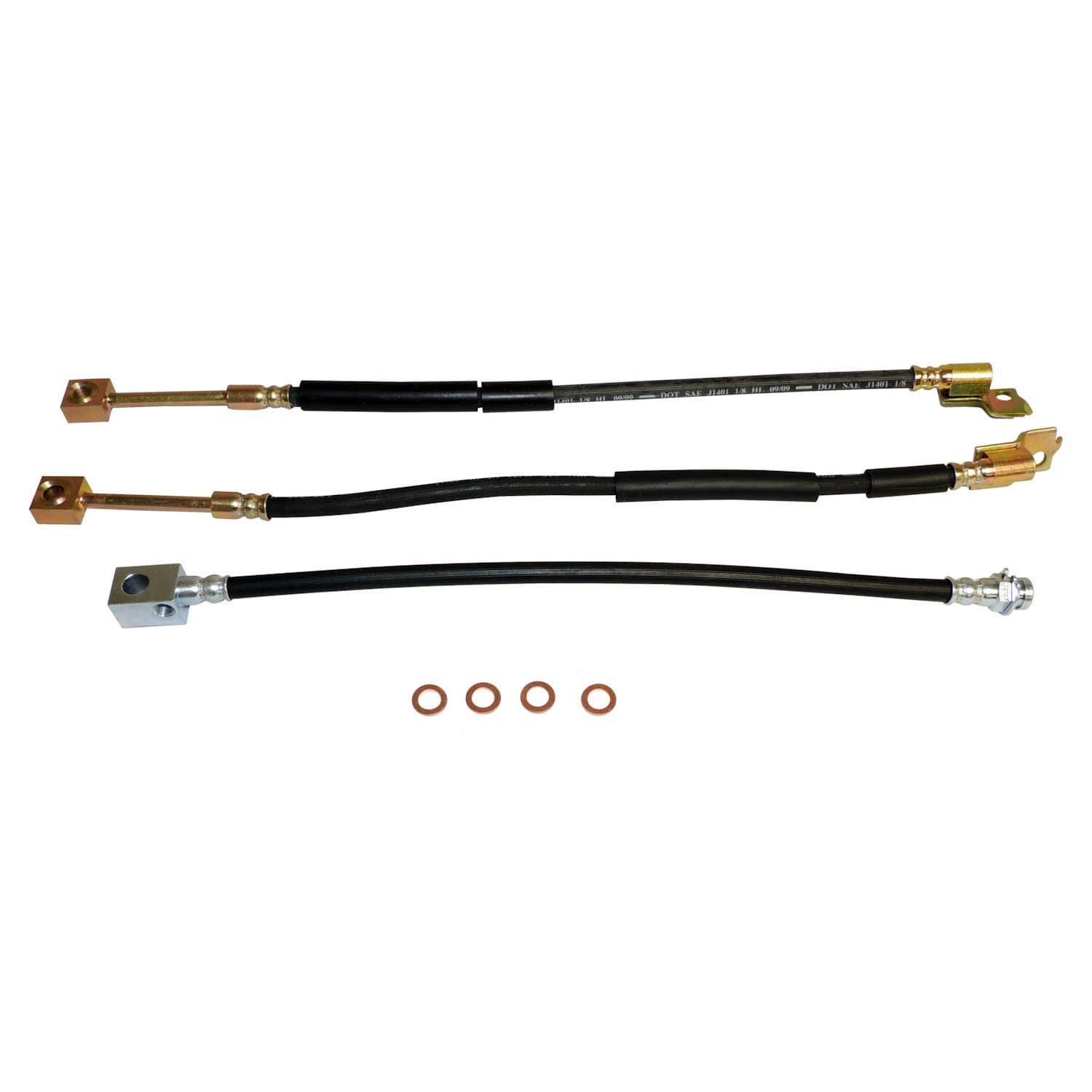 BLACKSILVERCOPPER BRAKE HOSE KIT INCLUDES LEFT AND RIGHT FRONT HOSES REAR HOSE TO AXLE, AND 4 BRAKE HOSE WASHERS