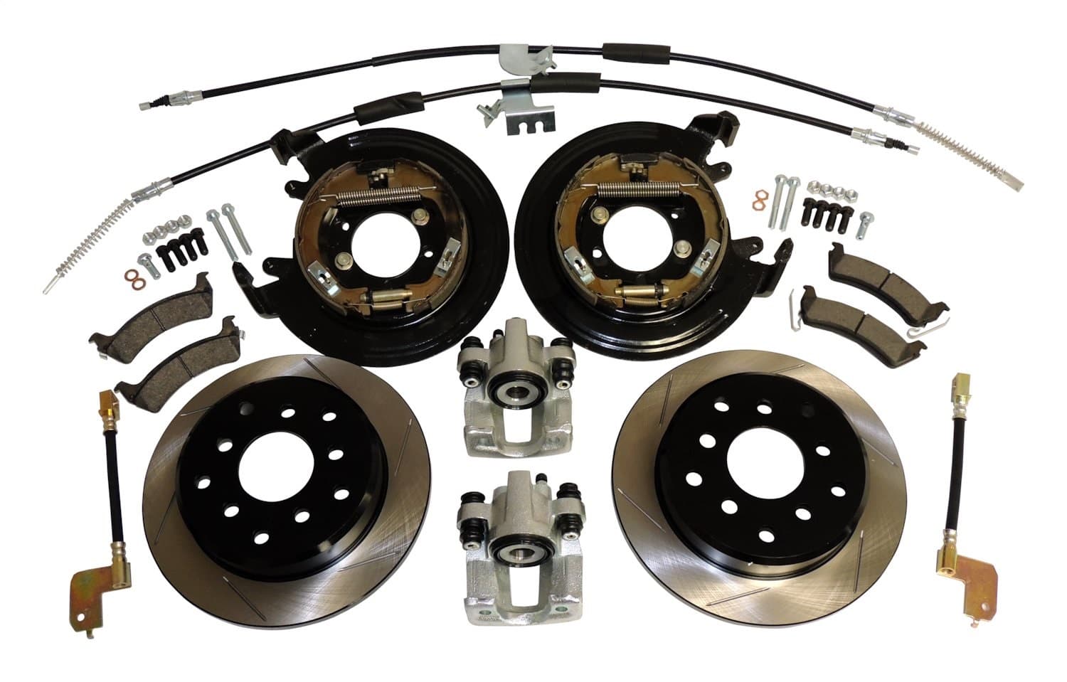 Crown Automotive Jeep Replacement BLACKUNPAINTED DISC BRAKE CONVERSION KIT W/ DANA 35 REAR AXLE W/O ABS;DISC BRAKE CONVERSION KIT W/ SLOTTED ROTORS;CONVERTS REAR DRUM BRAKES TO HIGH PERFORMANCE DISC BRAKES;INCLUDES SLOTTED ROTORS, PAD SET, CALIPERS, BACKING PLATES, PARKING BRAKE SHOES, BR