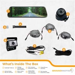 Brandmotion FullVUE® Mirror Commercial Camera System w/Infrared Cargo Camera; Parking Gridlines Available; IR Cargo Camera 0.1 Lux; 2 Inputs / 4 Pin Aviation; 9.66 in. Mirror Size;