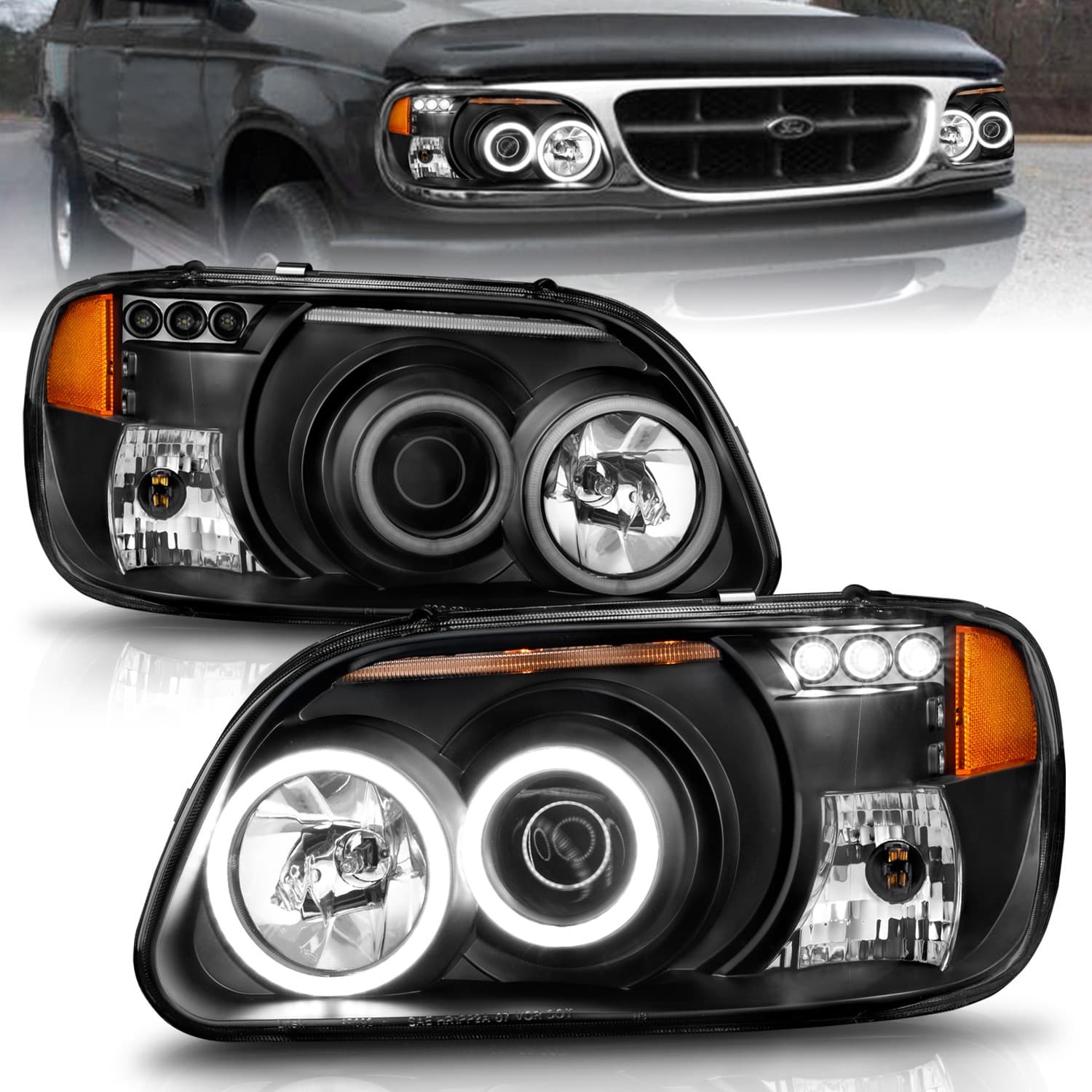 Projector Headlight Set w/Halo; Clear Lens; Black Housing; RX Halo; w/LED Parking/Projector/Halo; Pair;