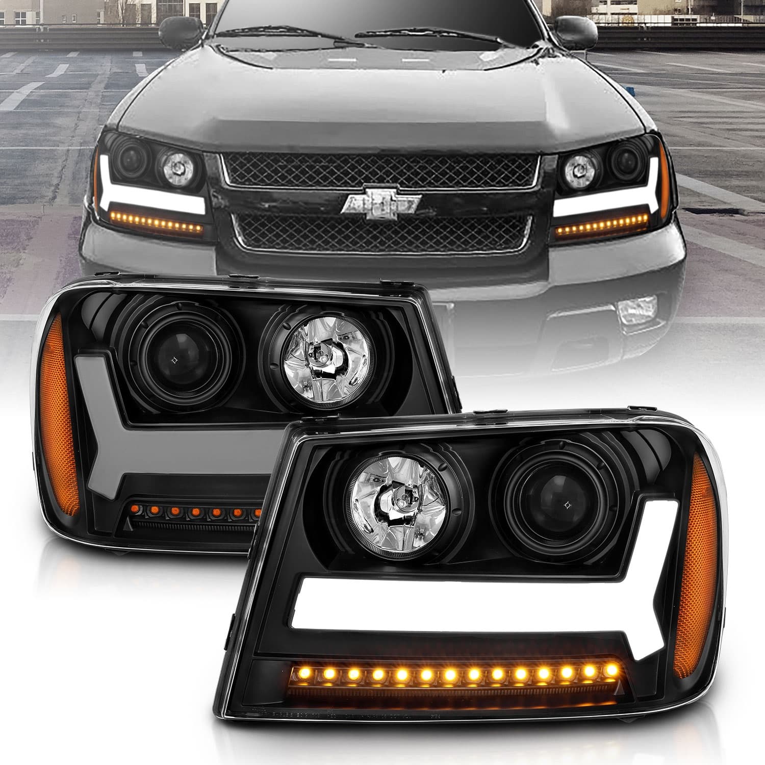 ANZO USA 0609 TRAILBLAZER PROJECTOR HEADLIGHTS W/PLANK STYLE DESIGN BLACK W/AMBER