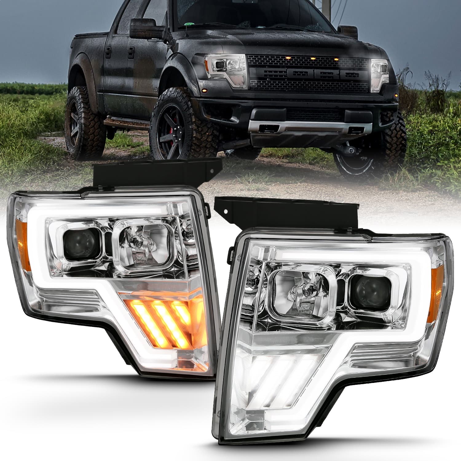 ANZO USA Projector Headlight Set w/Halo; w/Switchback; G4; Chrome w/Amber; Pair;